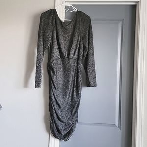 Lulus Meghan Ruched Knit Dress XL Blacksilver with Deep v back Sparkle